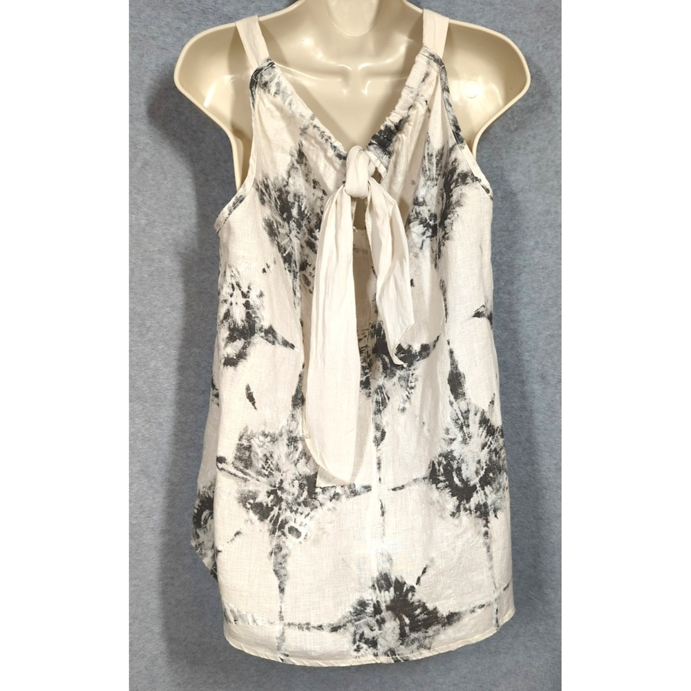 BELLAMBRA  Halter Top Women L Linen Pleated Front Italy Blk/White Artsy Polished